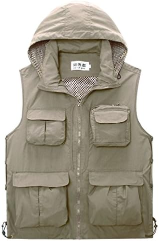 Fishing Vest,Yanun Men's Outdoors Casual Multi-Pockets Mesh Fishing Photography Vest with Detachable Hood Waistcoat - Khaki L