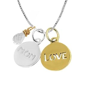 Buy 14k Yellow Gold Overlay Sterling Silver Mom and Love Two-Tone Charm Necklace w  Crystal, 18 by Amazon.com Collection