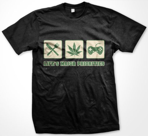 Life’s Major Priorities, Pot, Food, Video Games Mens T-shirt, Funny Trendy Hot Weed Smoking Mens Shirt, X Olive