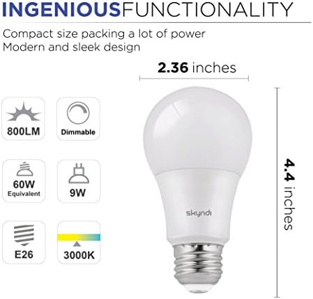 SKYNDI® A19 E26 Dimmable 9W LED Bulbs - 60W Equivalent - 800 Lumens - Soft White 3000K (Pack of 6)