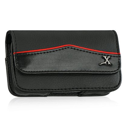 Premium Black Leather Red Lining Horizontal Pouch Carry Case Magnetic Closing Flap Belt Clip for Kyocera M1400 Laylo, LG CU720, GT365 Neon Etna, UN430 Wine II 2, Motorola A455 Rival, i890, VE465, VU30, W755, W766 Entice, V3, V3i, V3t, Nokia 2680, N75, 6600, PCD WP8990 Escapade, BlackBerry 8230 8220 Pearl Flip, Samsung M630 Highnote, R520 Trill, R600 Huell, U490 Trance, Sanyo 8500, Sony Ericsson W580i, W760a, TM506, ZTE C88