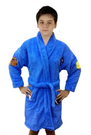 Sports Appliqued Plush Microterry Boy's Bathrobe, 100% Polyester, Med. Blue