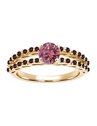 1.07 Ct Round Pink Diamond Red Garnet 18K Yellow Gold Ring