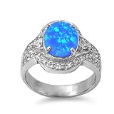 Sterling Silver Ring in Lab Opal -Blue Opal, Clear CZ - Ring Face Height: 16mm, Size 5 - 9