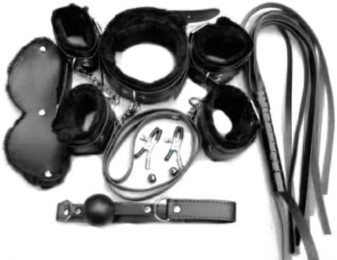 Crazycity 7pcs Rope Ball Gag Bondage Kit Set Furry Handcuffs Whip Collar Blindfold Sports Under the Bed Restraint System Fetish Fun Bdsm SM Master Unisex Adult Toy