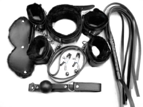 Crazycity 7pcs Rope Ball Gag Bondage Kit Set Furry Handcuffs Whip Collar Blindfold Sports Under the Bed Restraint System Fetish Fun Bdsm SM Master Unisex Adult Toy