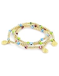 Blee Inara Gold Triple Turquoise-Color, Coral, Lime Eye and Beads Stretchy Bracelet