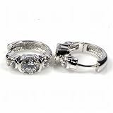 Sterling Silver Huggie Hoop Earrings with Clear CZ - Size: 6mm x 17mm