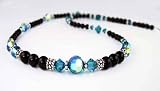 December Blue Zircon Swarovski Crystal Birthstone Beaded Necklaces in Sterling Silver with Black Pearls by Gemstone Gifts Handmade Jewelry