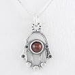 Hamsa Hand Pendant with Garnet Gemstone in Sterling Silver on 16" Sterling Box Chain, #8381