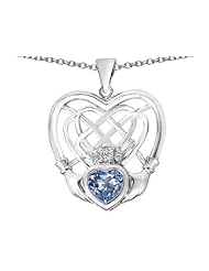 Celtic Love By Kelly (tm) Celtic Knot Irish Heart Claddagh Pendant with Heart Shape Simulated Aquamarine in 925 Sterling Silver