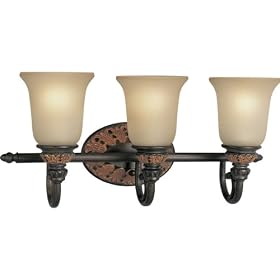 Progress Lighting P3033-92C Three-Light Cast Bath Fixture with Antique Stone Etched Glass, Old Iron Crackle
