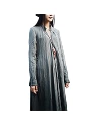 V-neck Shift Cotton/Linen Belted Asymmetric Maxi Dress 