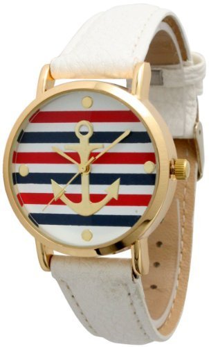 Women's Geneva Multi Color Striped Anchor Leather Watch - White