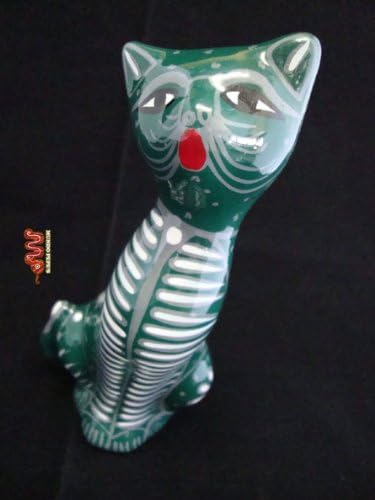Glazed Ceramic Cat Lifelike Folk Art/ MEXICO Pottery [Vivrant Hand Painted Colors] Small 6" (Dark Green &amp; White)