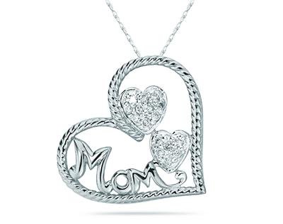 14K White Gold Heart Shaped MOM Pendant