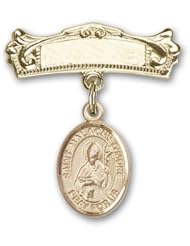 14K Gold Baby Badge with St. Malachy OMore Charm and Arched Polished Badge Pin