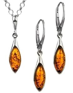 Amber by Graciana - 40960 - Parure Collier Chaîne Rolo et Boucles d'Oreille Femme Marquise - Argent 925/1000 - Ambre - 46cm