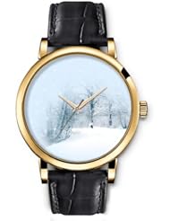 SPRAWL Aanalog Fashion Series Gold Ladies Watches of Genuine Black Leather Strap,Unique Wrist Watch for Women Girls Designed with Trees in the Snow