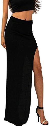 Xirkon Women's High Waist High Side Slit Sexy Stretch Long Skirt Large Black