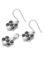 Sterling Silver Onyx Fancy Seven Stone Pearl Earring & Necklace Set