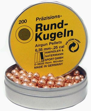 H&N .25 Cal, Round Lead Balls, Copper-coated, 200/Tin