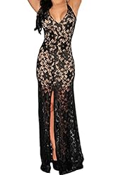 V-neck Open-Back Lace Slit Stretchy Illusion Cocktail Floor Length Polyester/Spandex Evening Dress/Bridesmaid Dress/Maxi Dress 