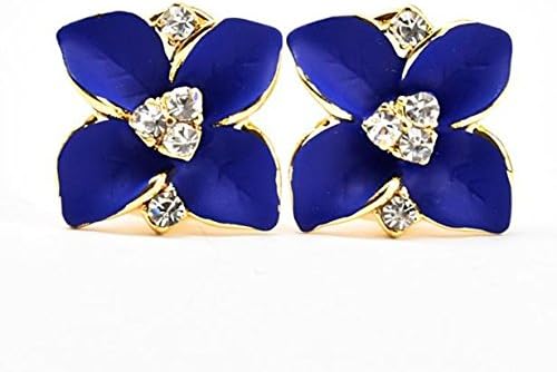 18K Yellow Gold Plated Crystal Blue Flower Stud Earrings with Rhinstone Accents