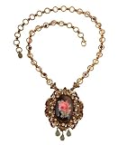 Vintage Looking Michal Negrin Enchanting Medallion Beautifully Crafted with Gothic Rose Cameo, Surrounded by Hand Painted Flowers and Brass Leaves, Accented with Beige, Burgundy and Light Gray Swarovski Crystals and Icy Gray Tear Drop Charms, Suspended on a Beaded Chain - Special Ordered and Shipped by Genuvo within 2 to 3 Weeks