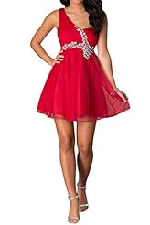 Tulle Cocktail Crystals Pleated Crystal One Shoulder Natural   Waistline Homecoming Dress 