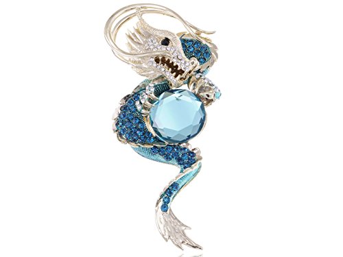Blue Synthetic Zircon Crystal Rhinestone Gold Tone Fierce Looking Dragon Design Pin Brooch
