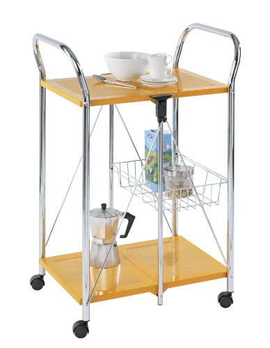 WENKO 900010100 Beistell- und K&uuml;chenwagen Sunny - zusammenklappbar, Ablagekorb, Chrom, 60 x 90 x 44 cm, orange