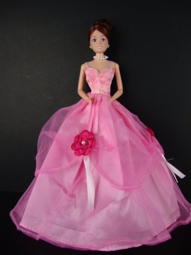 Cute Little Pink Gown with Dark Pink Flower Accents Made to Fit the Barbie Doll