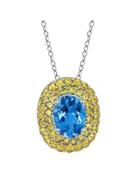 3.92 Ct Blue Topaz and Yellow Sapphire Sterling Silver Pendant With 18" Chain