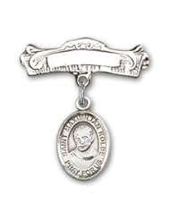 Sterling Silver Baby Badge with St. Maximilian Kolbe Charm and Arched Polished Badge Pin