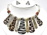 Beautiful Icon Collection Tribal Animal Print Bib Necklace and Earrings Set on Black Braided Cord
