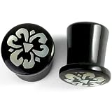 Pair of Black Water Buffalo Horn with Shell Inlay Plugs - BYP9: 10g