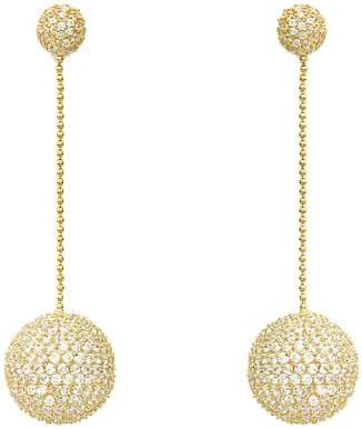 GLAMOROUS CUBIC ZIRCONIA AND STERLING SILVER DISCO BALL LONG CHAIN VERMEIL PLATED DANGLE EARRINGS