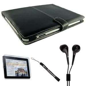 Apple iPad Durable Hard PU Leather Case + Includes a 4-inch eBigValue (TM) Determination Hand Strap + Anti-Glare Screen Protector For iPad Tablet ( All Models ) + Fashion Earbud Headset Headphones 3.5mm In-Ear Stereo ( Black )