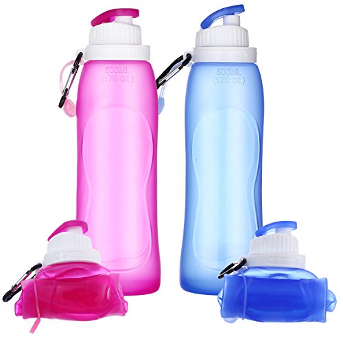 Magicooler 550ml/20floz Silicone Collapsible Squeezable Water Bottle, Pocket Size Best For Hiking / Jogging /Camping /working out and Daily (2 Pack--Pink+Blue)