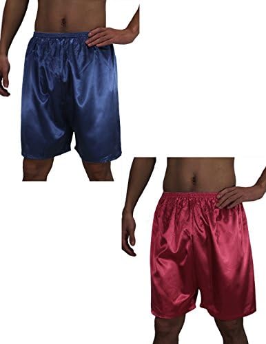 (Pack of 2) Mens Sleepwear - Silk Couture Boxer Shorts / Pajama Shorts L Blue &amp; Burgundy