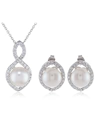 Bella Pearl Cubic Zirconia Halo Pearl Necklace and Earrings Jewelry Set