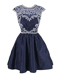 A-line  Beaded Open-Back Sheer Crystal Glittering High-Neck Cap Sleeves Cocktail Short Evening Dress/Homecoming Dress/Prom Dress/Party Dress  With Rhinestones