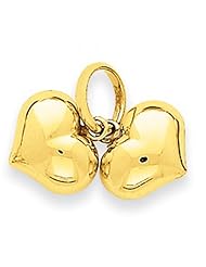 14k Yellow Gold Dual Puffed Hearts Charm For Ladies