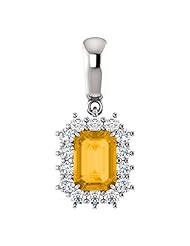 18K White Gold 7.00x5.00mm Emerald Cut Citrine and Diamond Pendant -- LIFETIME WARRANTY