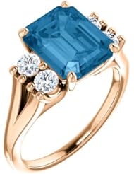 18K Rose Gold 10.00x8.00mm Emerald Cut Swiss Blue Topaz and Diamond Ring -- LIFETIME WARRANTY