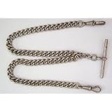 #106 Victorian English Sterling Silver Double Albert Watch Chain w/ T-bar
