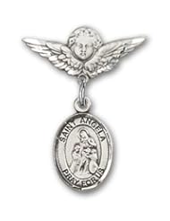 Sterling Silver Baby Badge with St. Angela Merici Charm and Angel with Wings Badge Pin