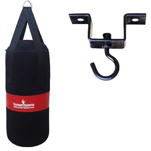 Kickboxing Canvas Punch Bag Filled With Punchbag Ceiling Hook Heavy Duty Metal With Complete Fitting Martial Arts Black With Red Stripe 2 Feet