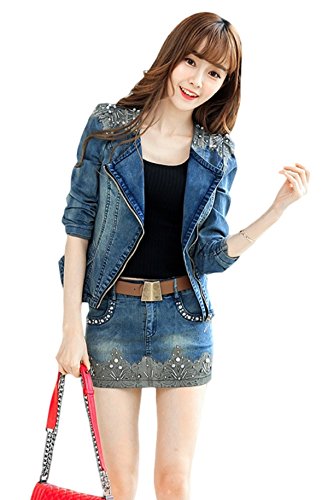 レディース スリーピース デニムジャケット タンクトップ デニムスカート セットアップ 春秋 ミニ丈 タイトスカート スパンコール ビジュー スリム 長袖 カジュアル 美脚 OL 通勤 通学 トラベル レジャー ワイルド セクシー ブランド セレブファッション 可愛いスカーフ付き KK1296